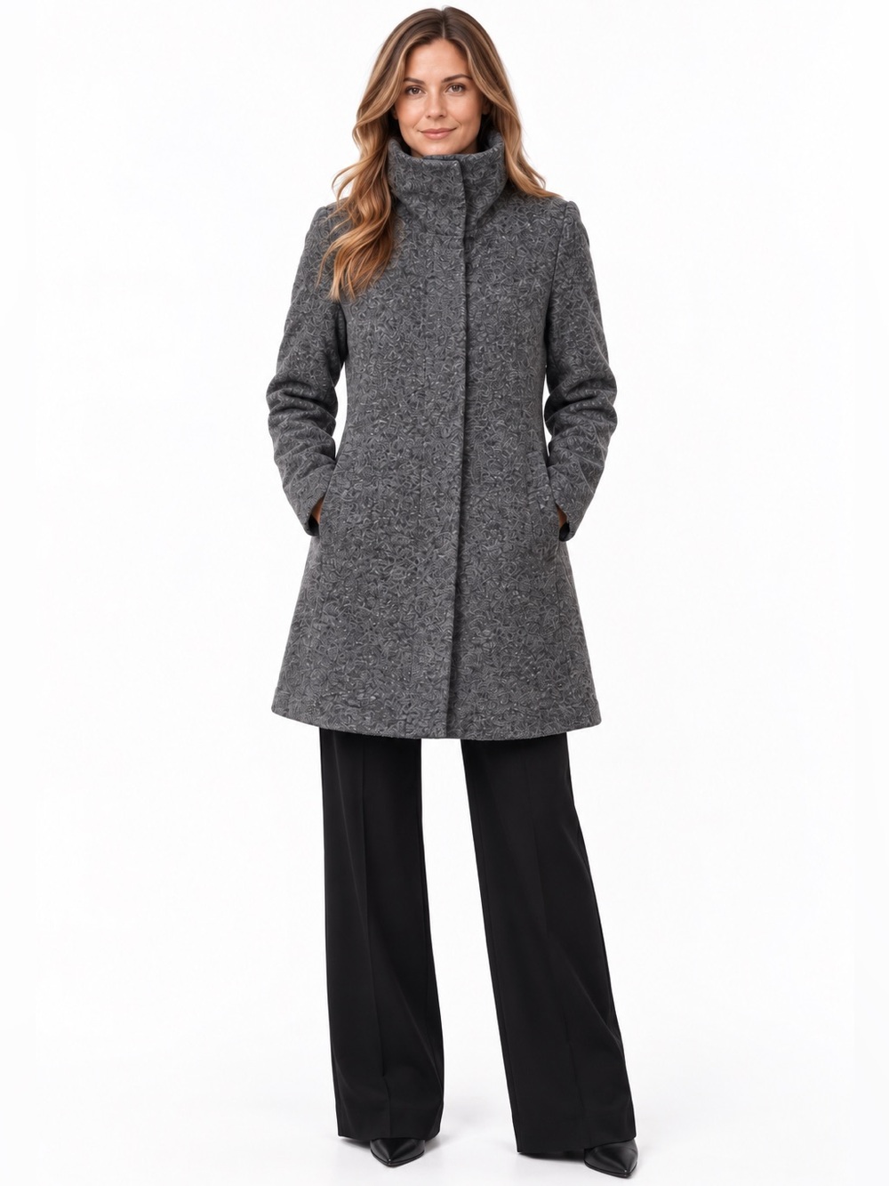 Club Monaco 100% Wool Funnel Neck Coat Grey A-line Italian Fabric M